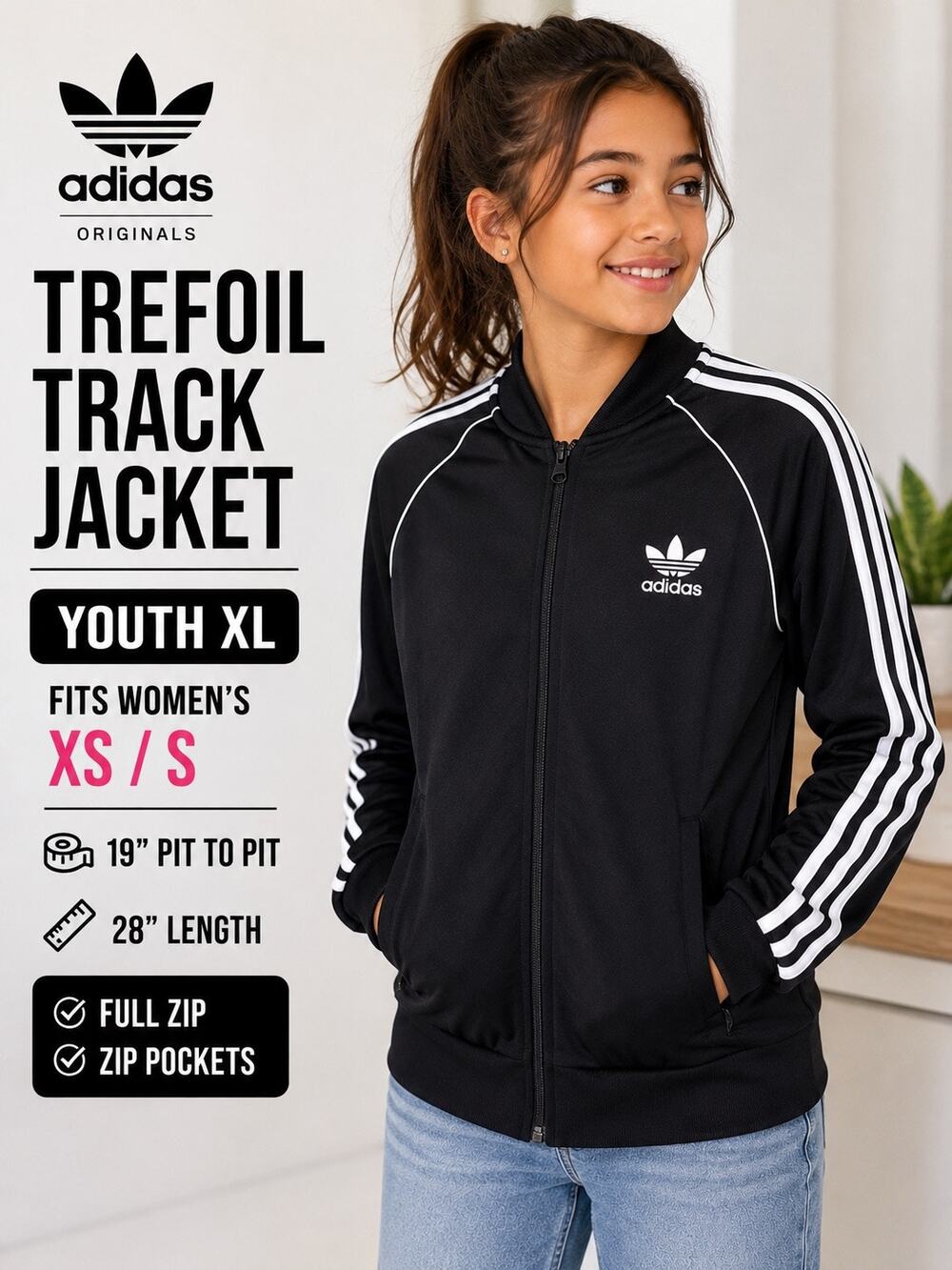 Adidas Originals Trefoil Track Jacket Youth XL Fits Women’s XS/S Black